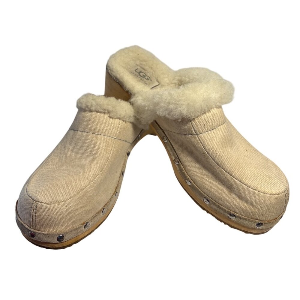 UGG Clogs Womens Size 7 Beige Shearling Lined Canvas Wood Sole Studded Mule Read